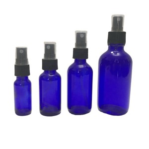 0.5oz 1oz 2oz 4oz cobalt blue boston round glass bottle with black plastic mist atomizer spray
