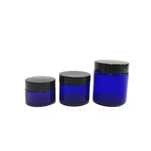 1oz 2oz 4oz cobalt blue glass cosmetic cream jar with black plastic lid